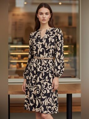 Dear Scarlett Chic Long Sleeve Black and Oatmeal Scroll Print Dress